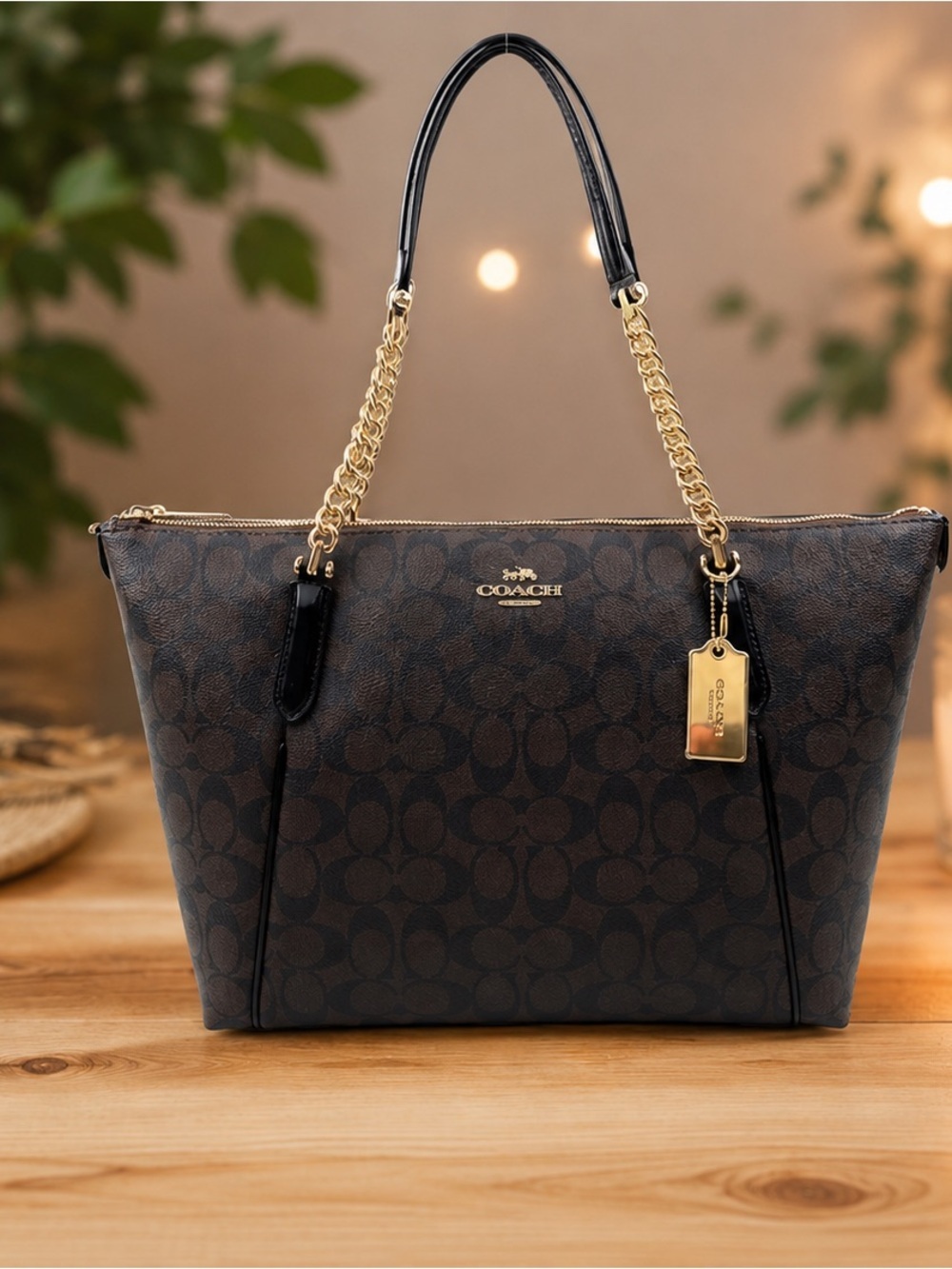 Coach Signature Canvas Chain Tote Shoulder Bag Brown Black Zip Top Gold Hardware